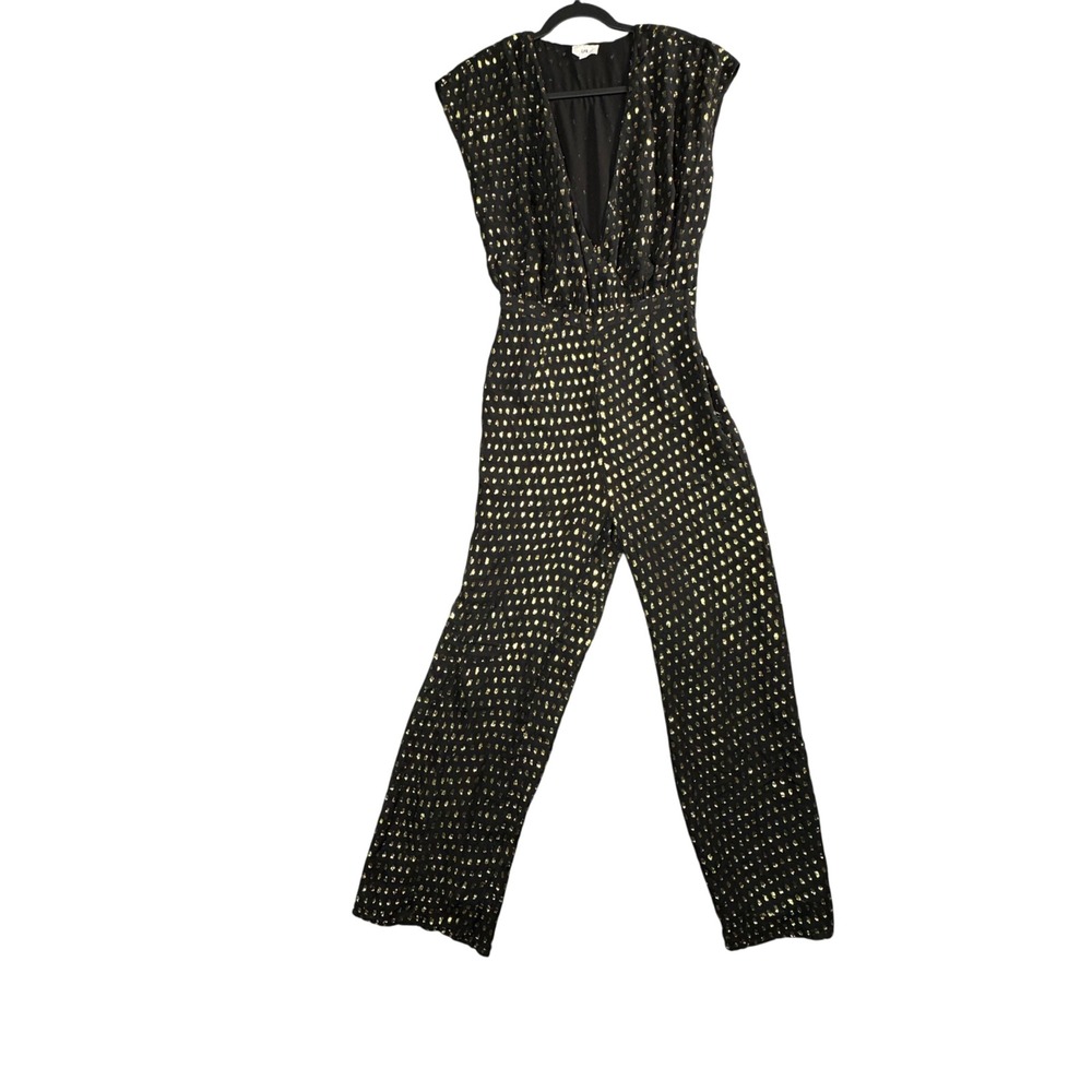 Black Gold Metallic Dot Wide‎ Leg V-Neck Sleeveless Glam Jumpsuit Womens Size S